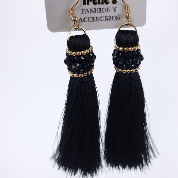 Irenes Earrings Tassel Dangle Beaded Gold Black Tone Hook Long Womens Jewelry - Picture 2 of 6